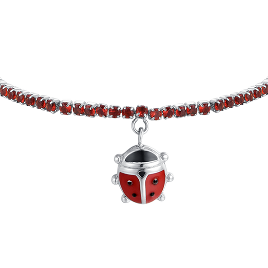 PULSERA DE TENIS DE ACERO PARA NIÑA CON CRISTALES ROJOS Y MARIQUITA