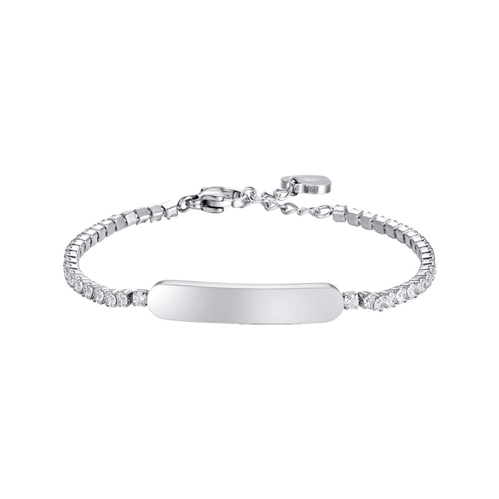 PULSERA DE TENIS DE NIÑA DE ACERO CON CRISTALES BLANCOS Y PLACA