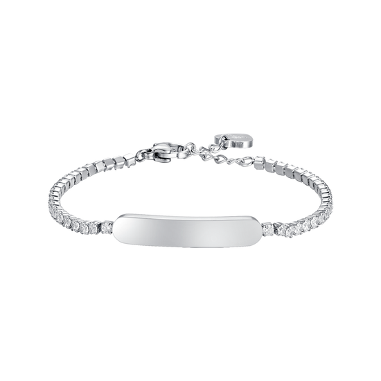 PULSERA DE TENIS DE NIÑA DE ACERO CON CRISTALES BLANCOS Y PLACA
