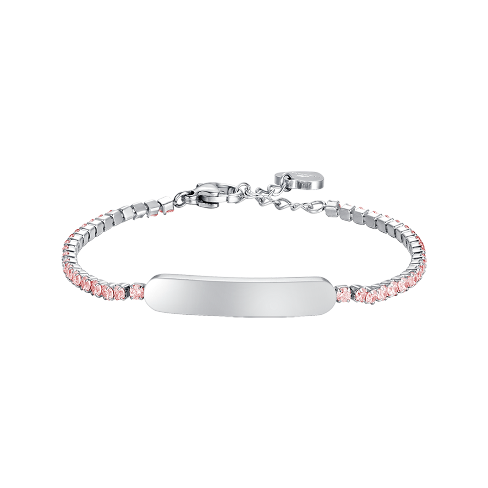 PULSERA DE TENIS DE NIÑA DE ACERO CON CRISTALES ROSAS Y PLACA
