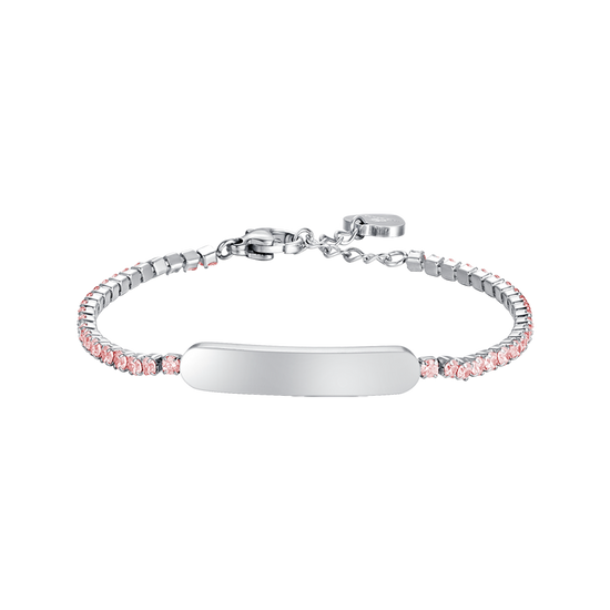 PULSERA DE TENIS DE NIÑA DE ACERO CON CRISTALES ROSAS Y PLACA