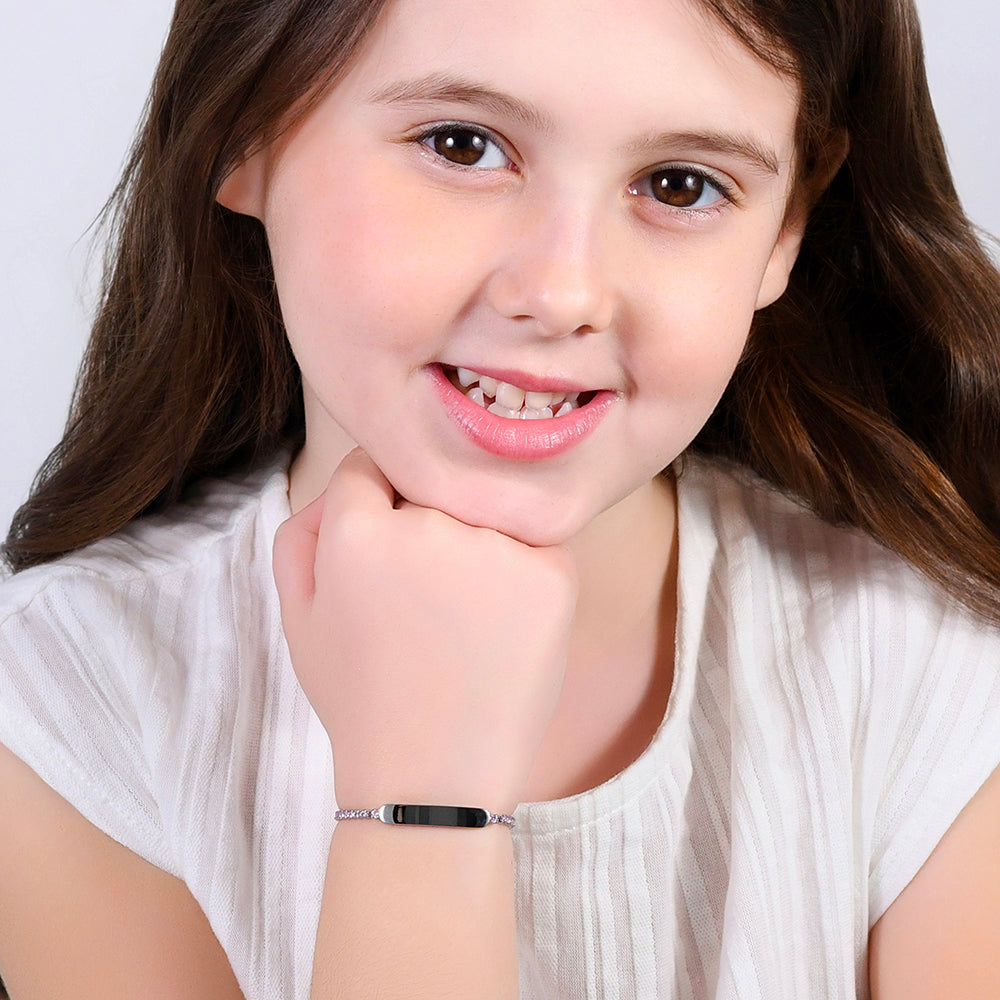 PULSERA DE TENIS DE NIÑA DE ACERO CON CRISTALES ROSAS Y PLACA