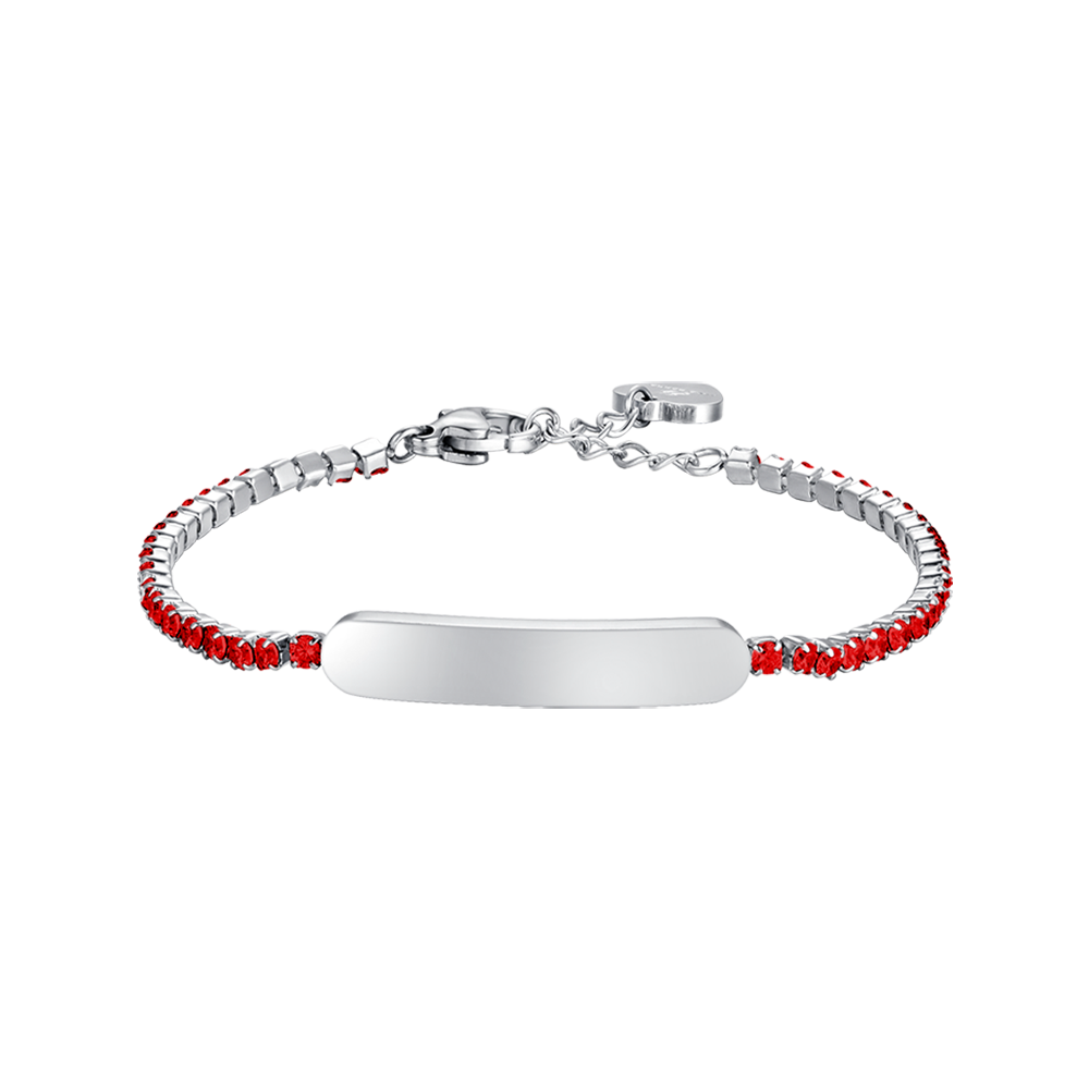 PULSERA DE TENIS DE NIÑA DE ACERO CON CRISTALES ROJOS Y PLACA