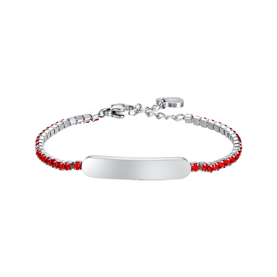 PULSERA DE TENIS DE NIÑA DE ACERO CON CRISTALES ROJOS Y PLACA