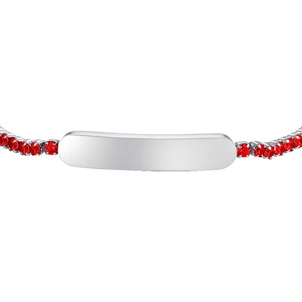 PULSERA DE TENIS DE NIÑA DE ACERO CON CRISTALES ROJOS Y PLACA