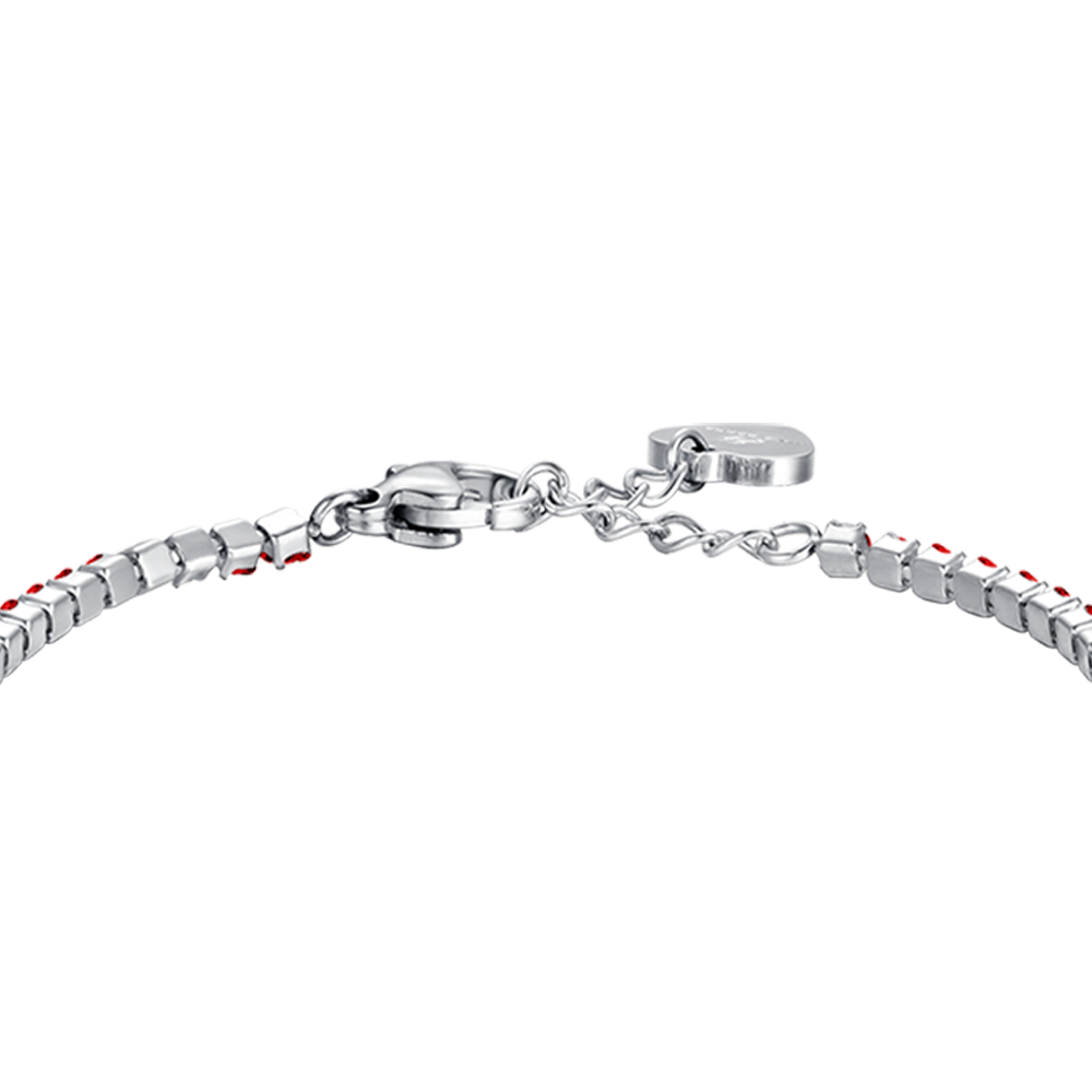 PULSERA DE TENIS DE NIÑA DE ACERO CON CRISTALES ROJOS Y PLACA