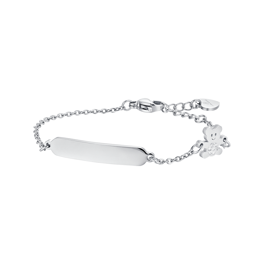 PULSERA DE ACERO NIÑA CON PLACA Y OSITO CON CRISTALES BLANCOS