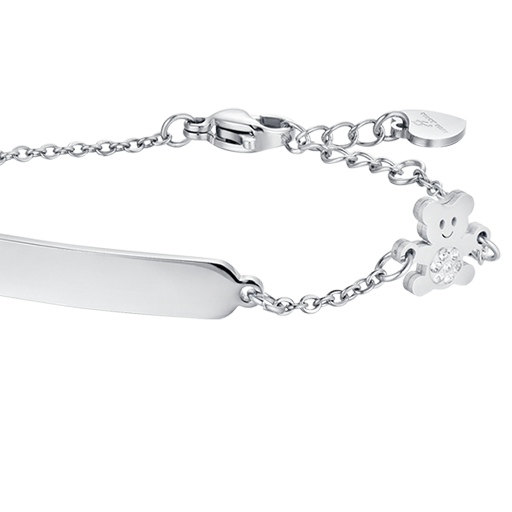 PULSERA DE ACERO NIÑA CON PLACA Y OSITO CON CRISTALES BLANCOS