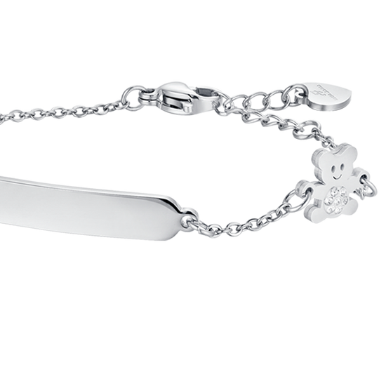 PULSERA DE ACERO NIÑA CON PLACA Y OSITO CON CRISTALES BLANCOS