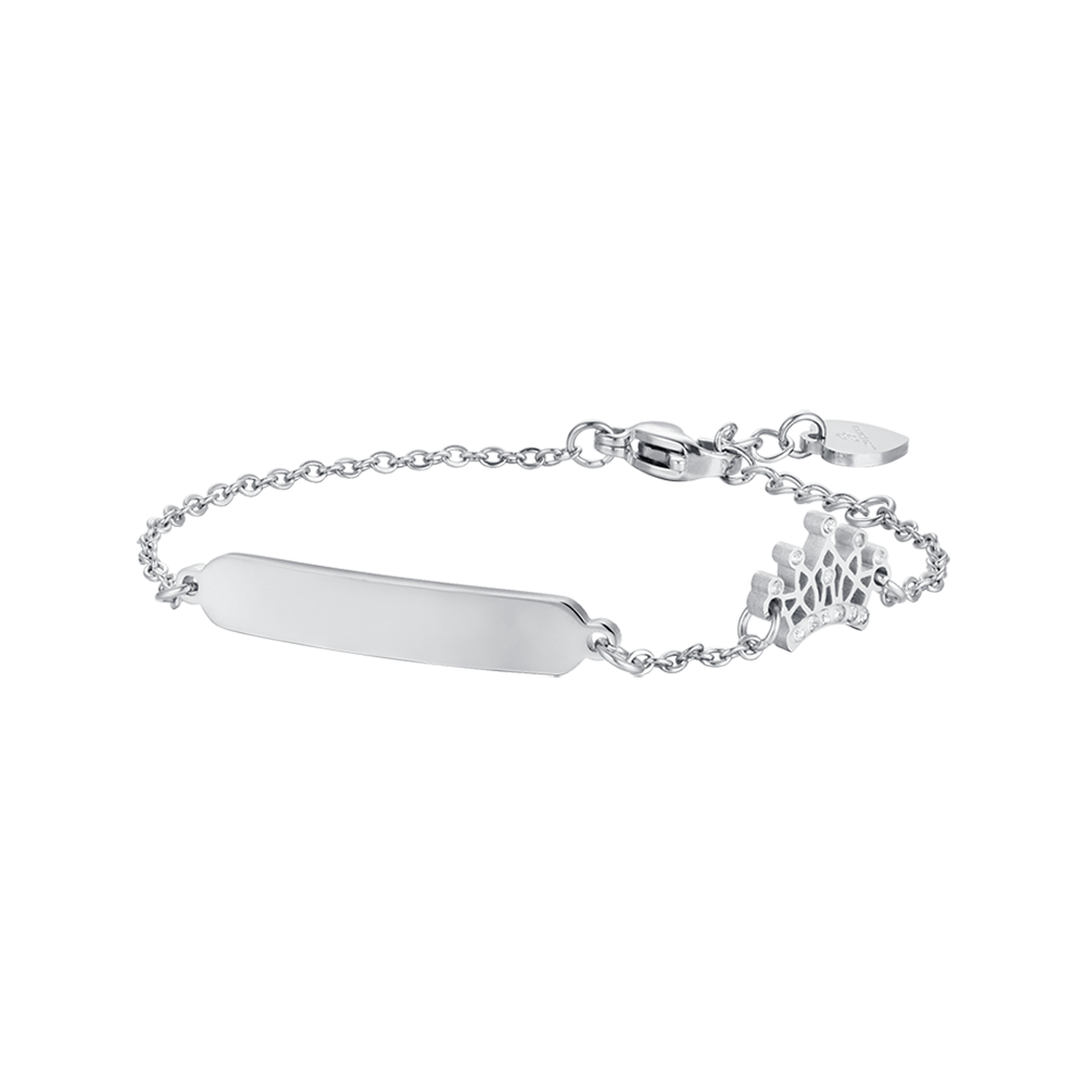 PULSERA DE NIÑA DE ACERO CON PLACA Y CORONA CON CRISTALES BLANCOS