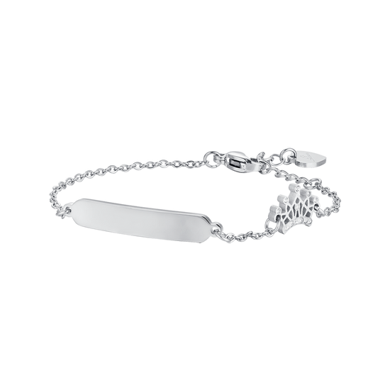 PULSERA DE NIÑA DE ACERO CON PLACA Y CORONA CON CRISTALES BLANCOS