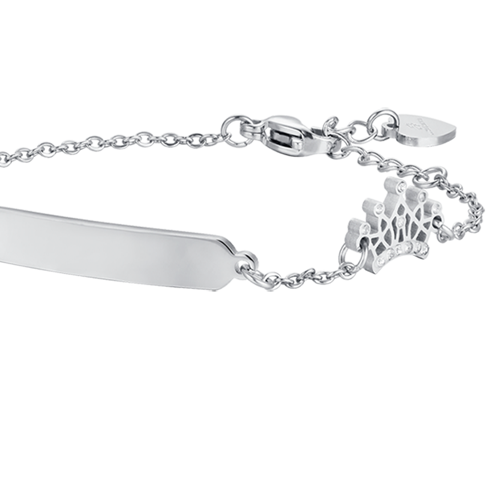 PULSERA DE NIÑA DE ACERO CON PLACA Y CORONA CON CRISTALES BLANCOS