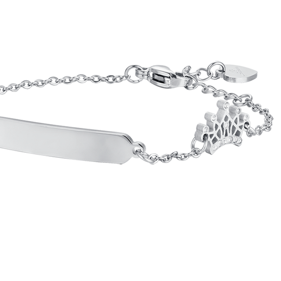 PULSERA DE NIÑA DE ACERO CON PLACA Y CORONA CON CRISTALES BLANCOS
