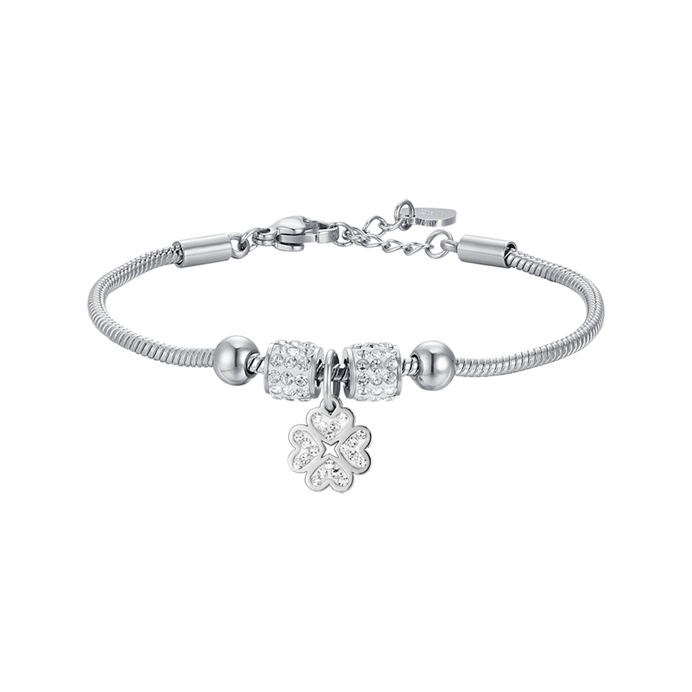 PULSERA DE ACERO PARA NIÑA CON TRÉBOL DE CUATRO HOJAS CON CRISTALES BLANCOS