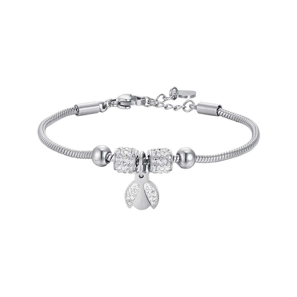 PULSERA DE ACERO NIÑA CON MARIQUITA CON CRISTALES BLANCOS