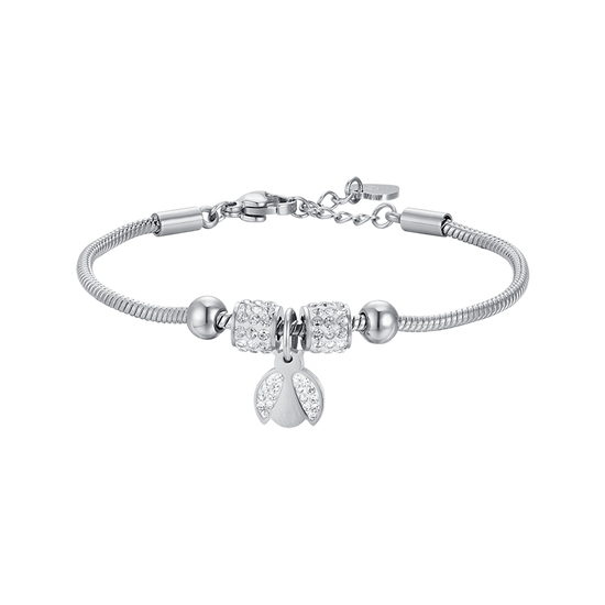 PULSERA DE ACERO NIÑA CON MARIQUITA CON CRISTALES BLANCOS