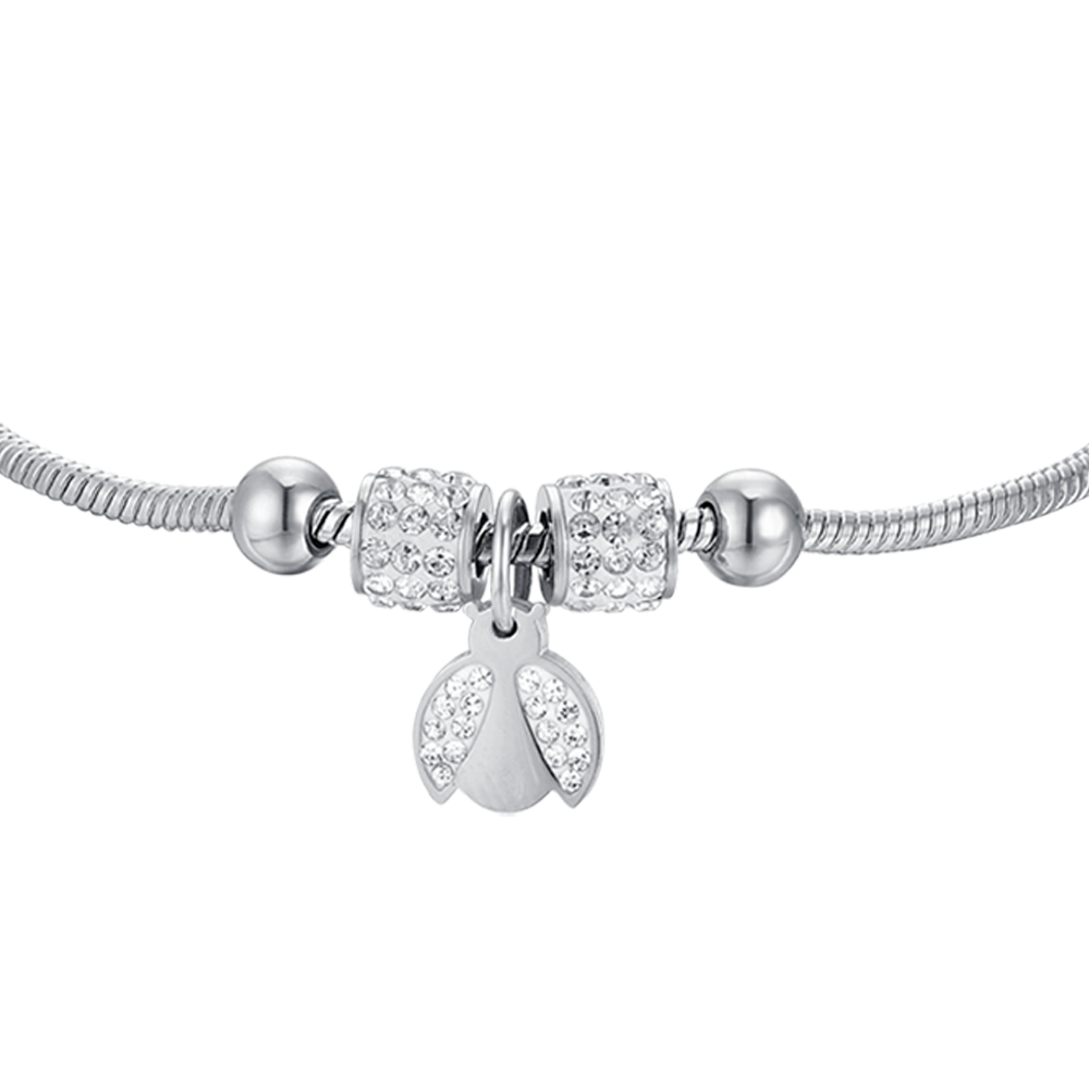 PULSERA DE ACERO NIÑA CON MARIQUITA CON CRISTALES BLANCOS