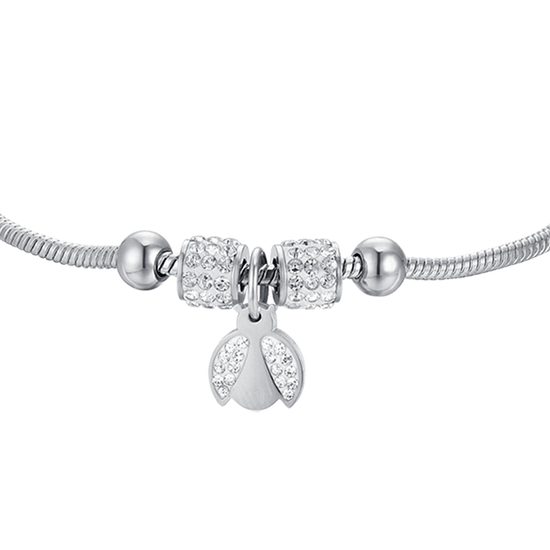 PULSERA DE ACERO NIÑA CON MARIQUITA CON CRISTALES BLANCOS