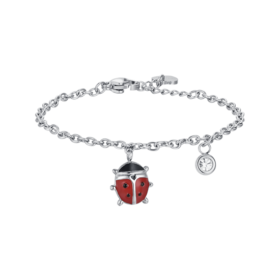 PULSERA DE ACERO PARA NIÑA CON MARIQUITA ESMALTADA EN ROJO Y NEGRO Y CRISTAL