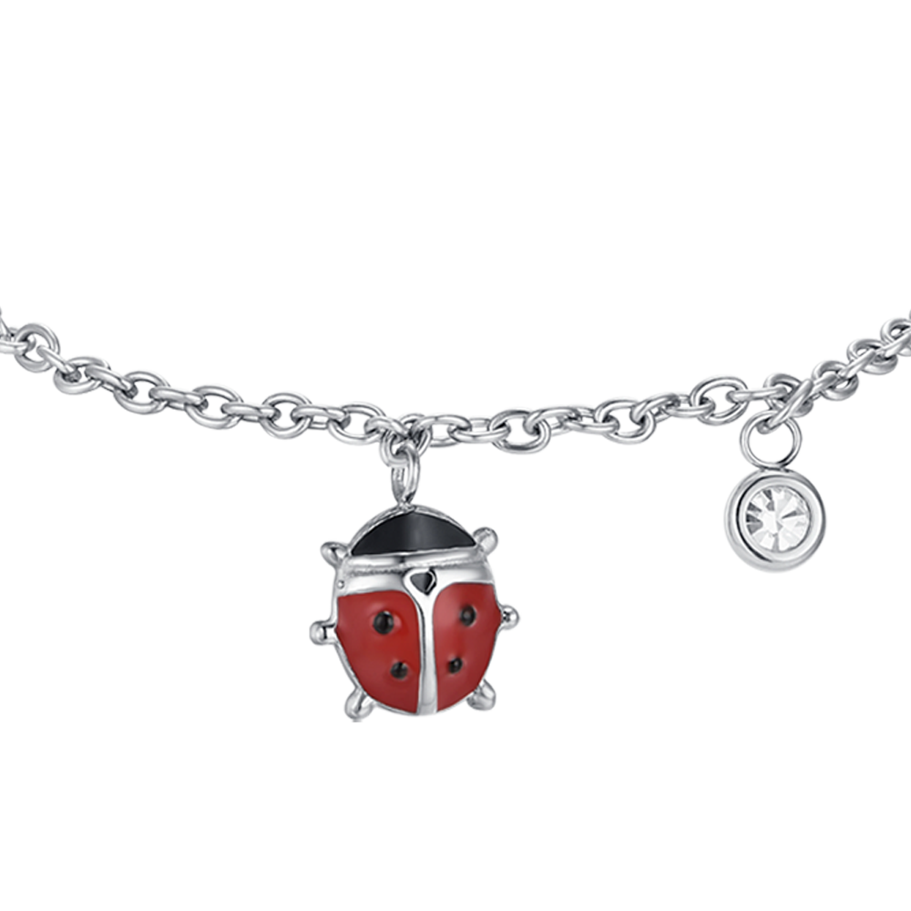 PULSERA DE ACERO PARA NIÑA CON MARIQUITA ESMALTADA EN ROJO Y NEGRO Y CRISTAL