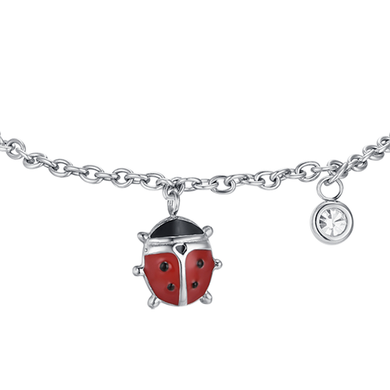 PULSERA DE ACERO PARA NIÑA CON MARIQUITA ESMALTADA EN ROJO Y NEGRO Y CRISTAL