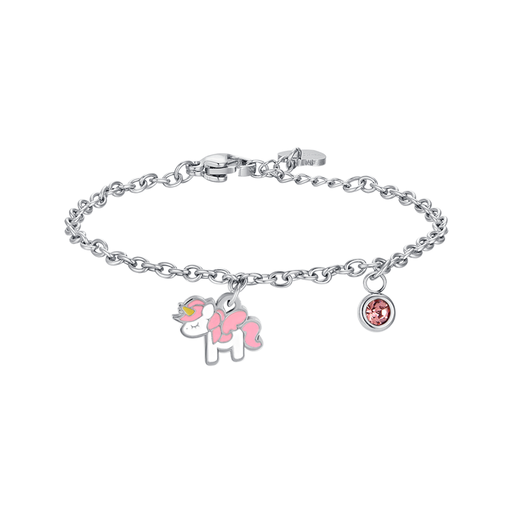 PULSERA UNICORNIO DE ACERO CON ESMALTE ROSA Y BLANCO Y CRISTAL