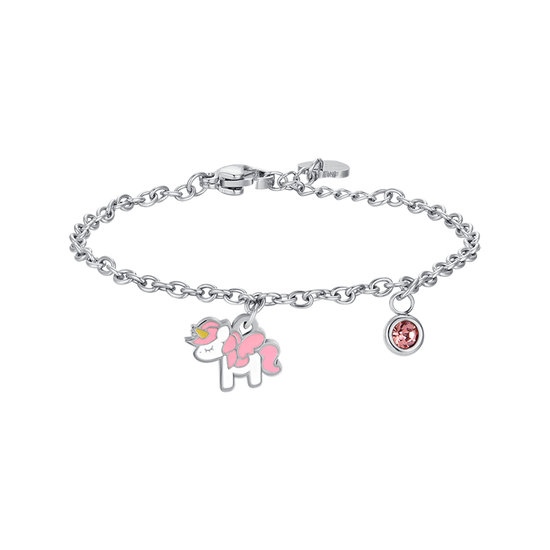 PULSERA UNICORNIO DE ACERO CON ESMALTE ROSA Y BLANCO Y CRISTAL