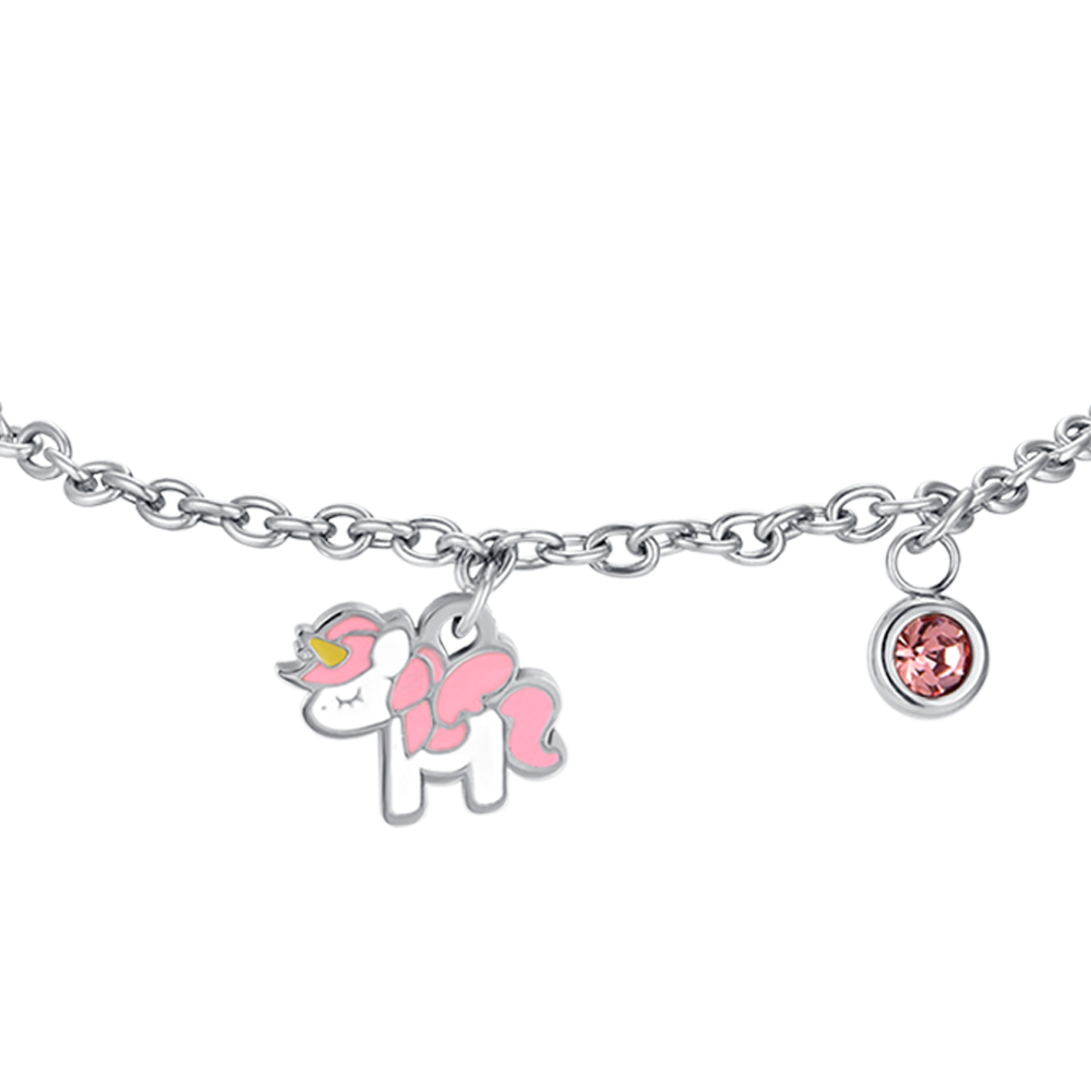 PULSERA UNICORNIO DE ACERO CON ESMALTE ROSA Y BLANCO Y CRISTAL