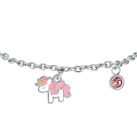PULSERA UNICORNIO DE ACERO CON ESMALTE ROSA Y BLANCO Y CRISTAL