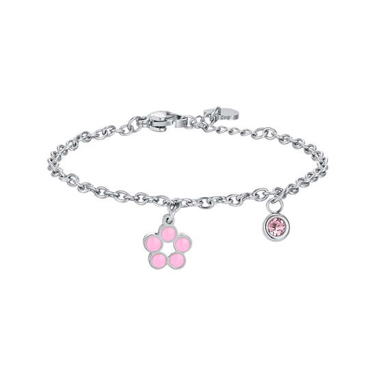 PULSERA FLOR DE ACERO CON ESMALTE ROSA Y BLANCO Y CRISTAL