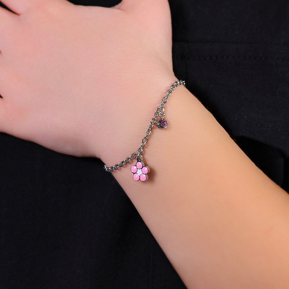 PULSERA FLOR DE ACERO CON ESMALTE ROSA Y BLANCO Y CRISTAL