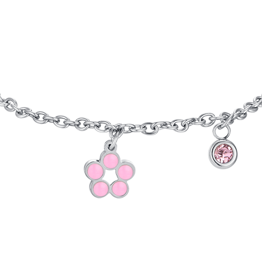 PULSERA FLOR DE ACERO CON ESMALTE ROSA Y BLANCO Y CRISTAL