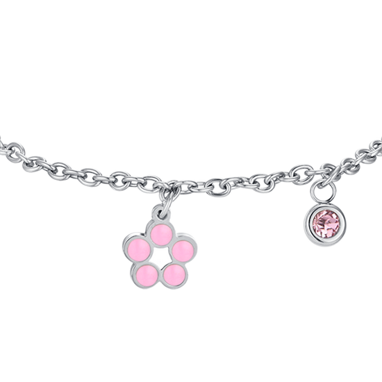 PULSERA FLOR DE ACERO CON ESMALTE ROSA Y BLANCO Y CRISTAL
