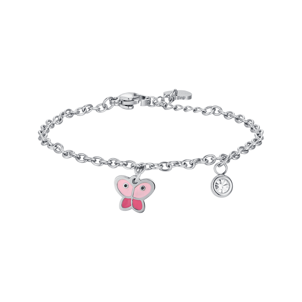 PULSERA MARIPOSA DE ACERO CON ESMALTE ROSA Y CRISTAL BLANCO