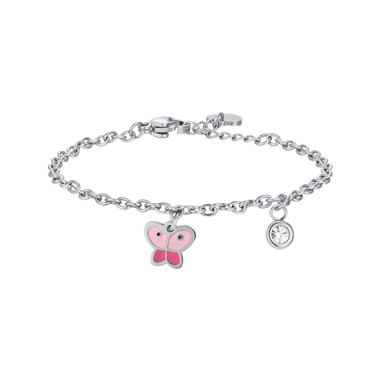 PULSERA MARIPOSA DE ACERO CON ESMALTE ROSA Y CRISTAL BLANCO