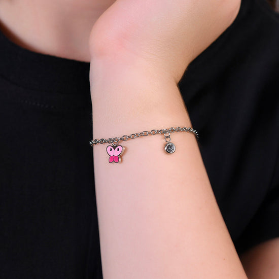 PULSERA MARIPOSA DE ACERO CON ESMALTE ROSA Y CRISTAL BLANCO