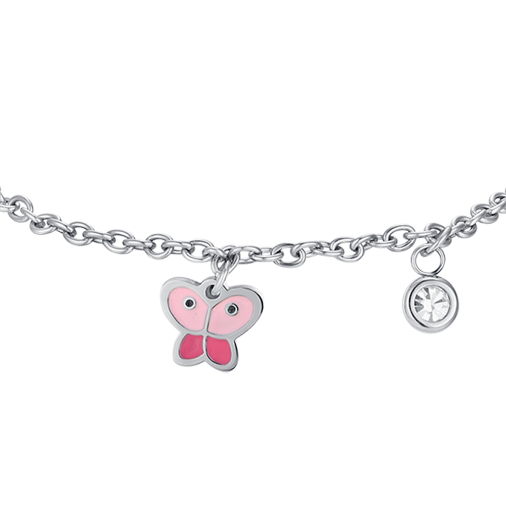 PULSERA MARIPOSA DE ACERO CON ESMALTE ROSA Y CRISTAL BLANCO
