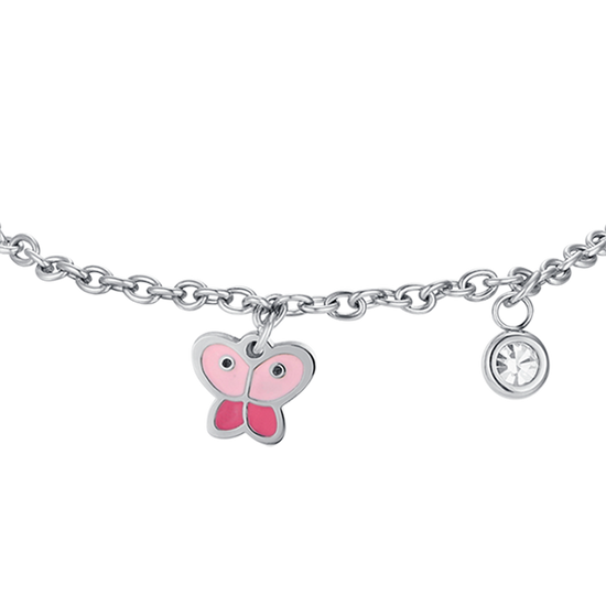 PULSERA MARIPOSA DE ACERO CON ESMALTE ROSA Y CRISTAL BLANCO