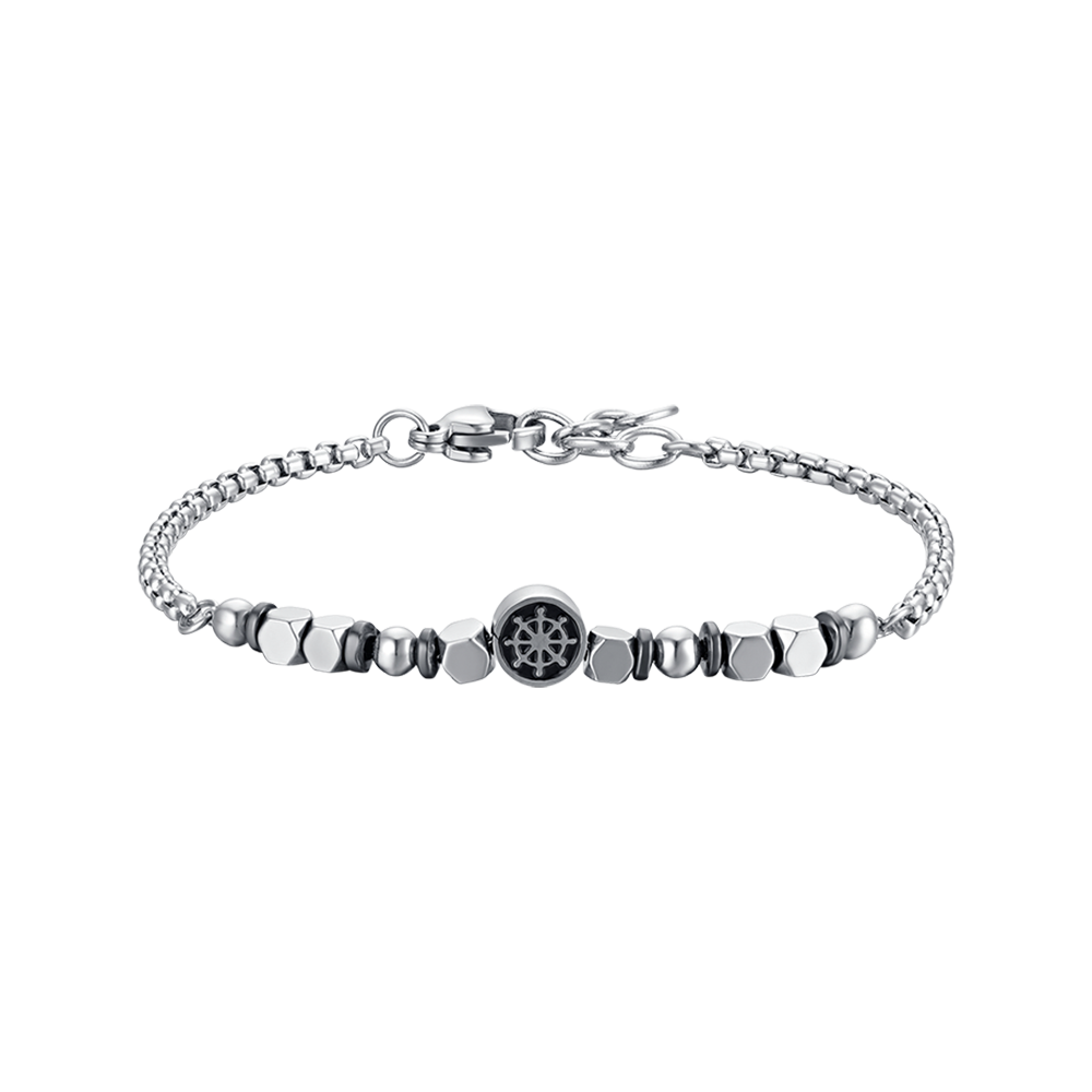 PULSERA DE ACERO PARA BEBÉ CON HEMATITES GRIS Y TIMÓN