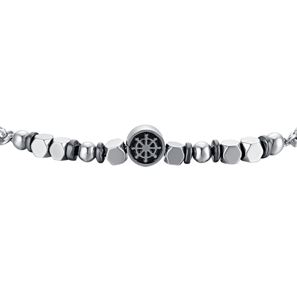 PULSERA DE ACERO PARA BEBÉ CON HEMATITES GRIS Y TIMÓN