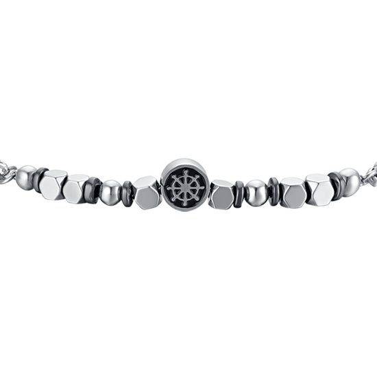 PULSERA DE ACERO PARA BEBÉ CON HEMATITES GRIS Y TIMÓN