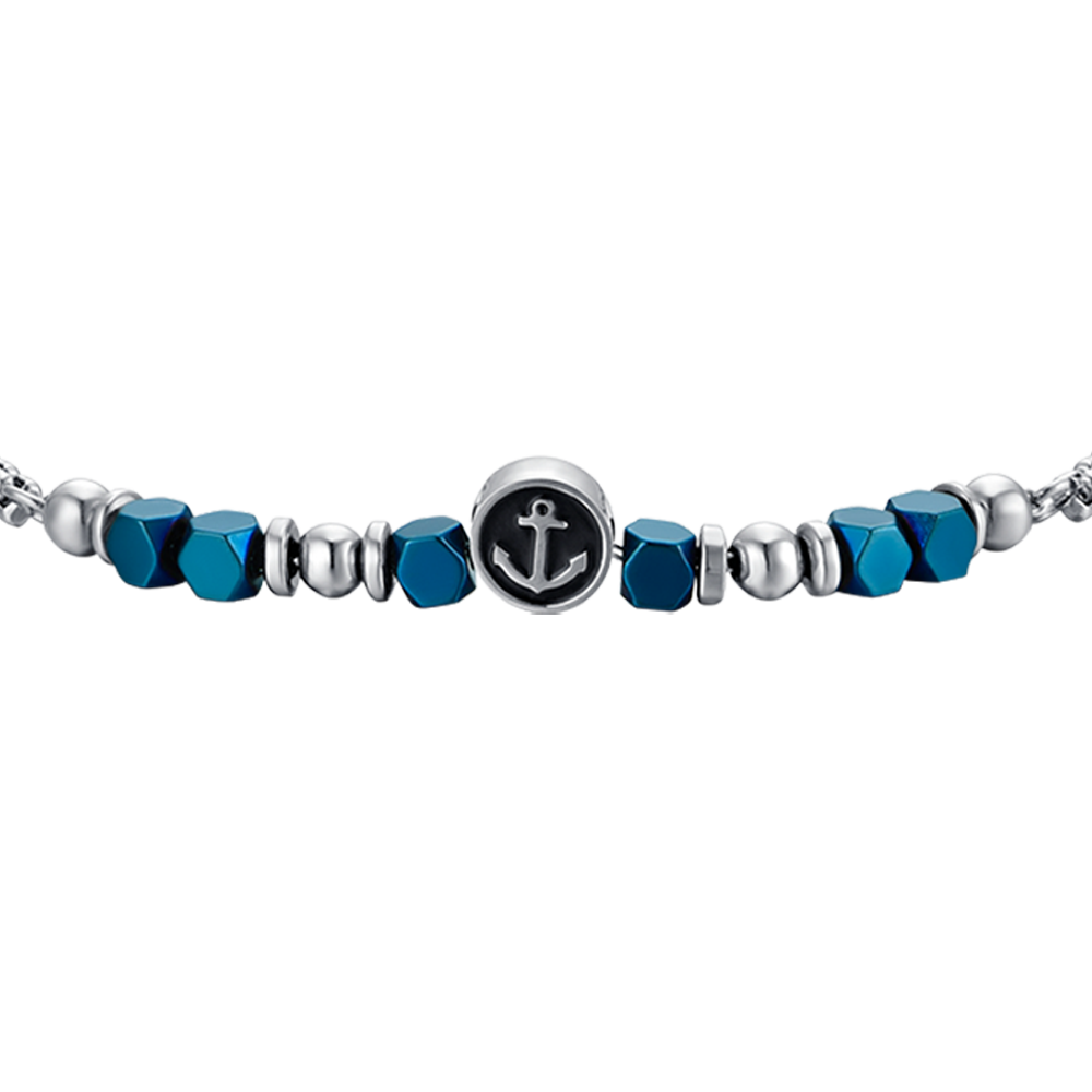 PULSERA DE ACERO PARA BEBÉ CON HEMATITES AZUL Y ANCLA