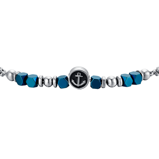 PULSERA DE ACERO PARA BEBÉ CON HEMATITES AZUL Y ANCLA