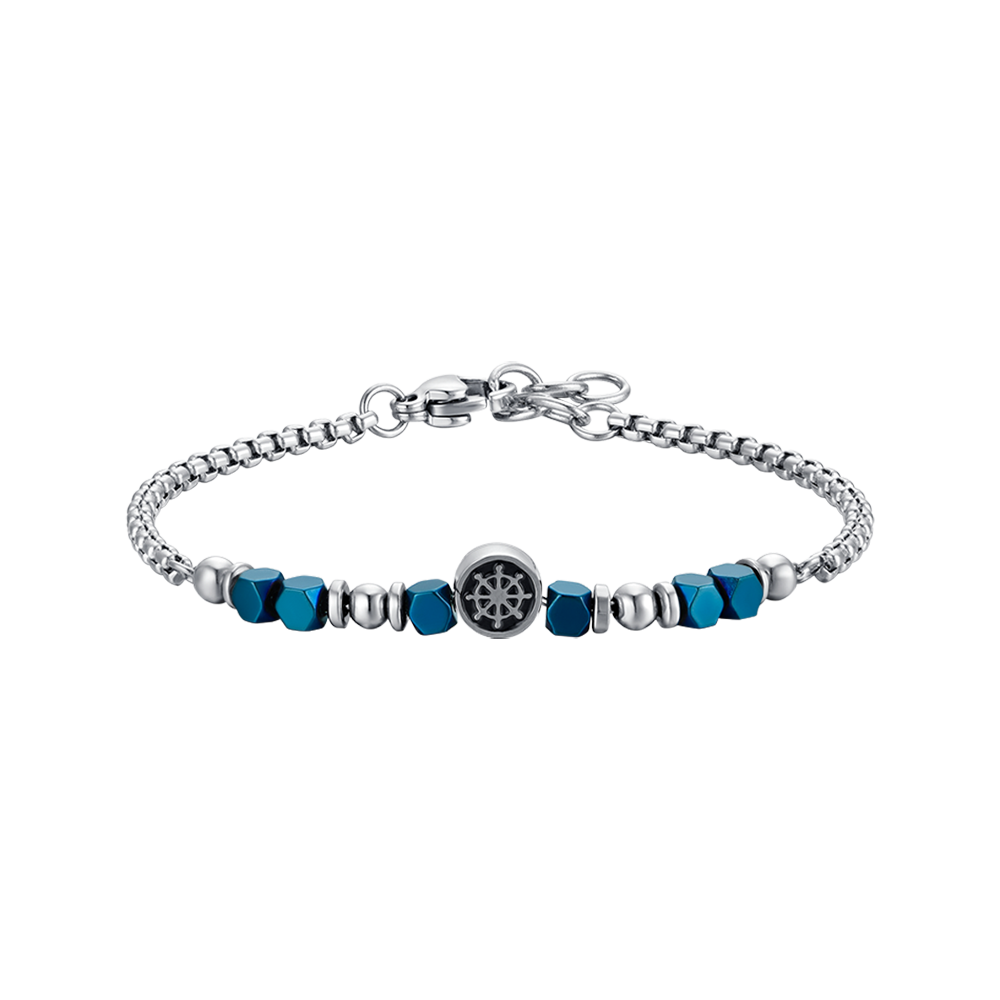 PULSERA DE ACERO PARA BEBÉ CON HEMATITES AZUL Y TIMÓN