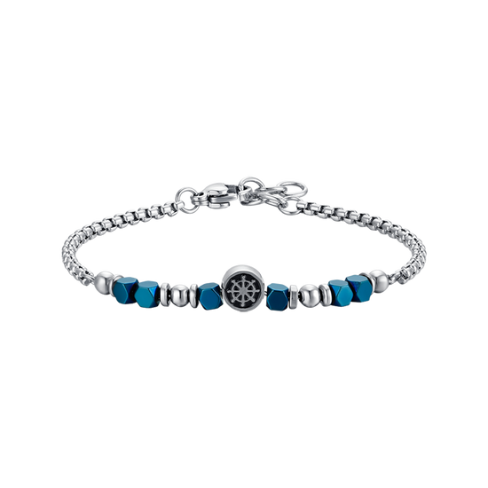 PULSERA DE ACERO PARA BEBÉ CON HEMATITES AZUL Y TIMÓN