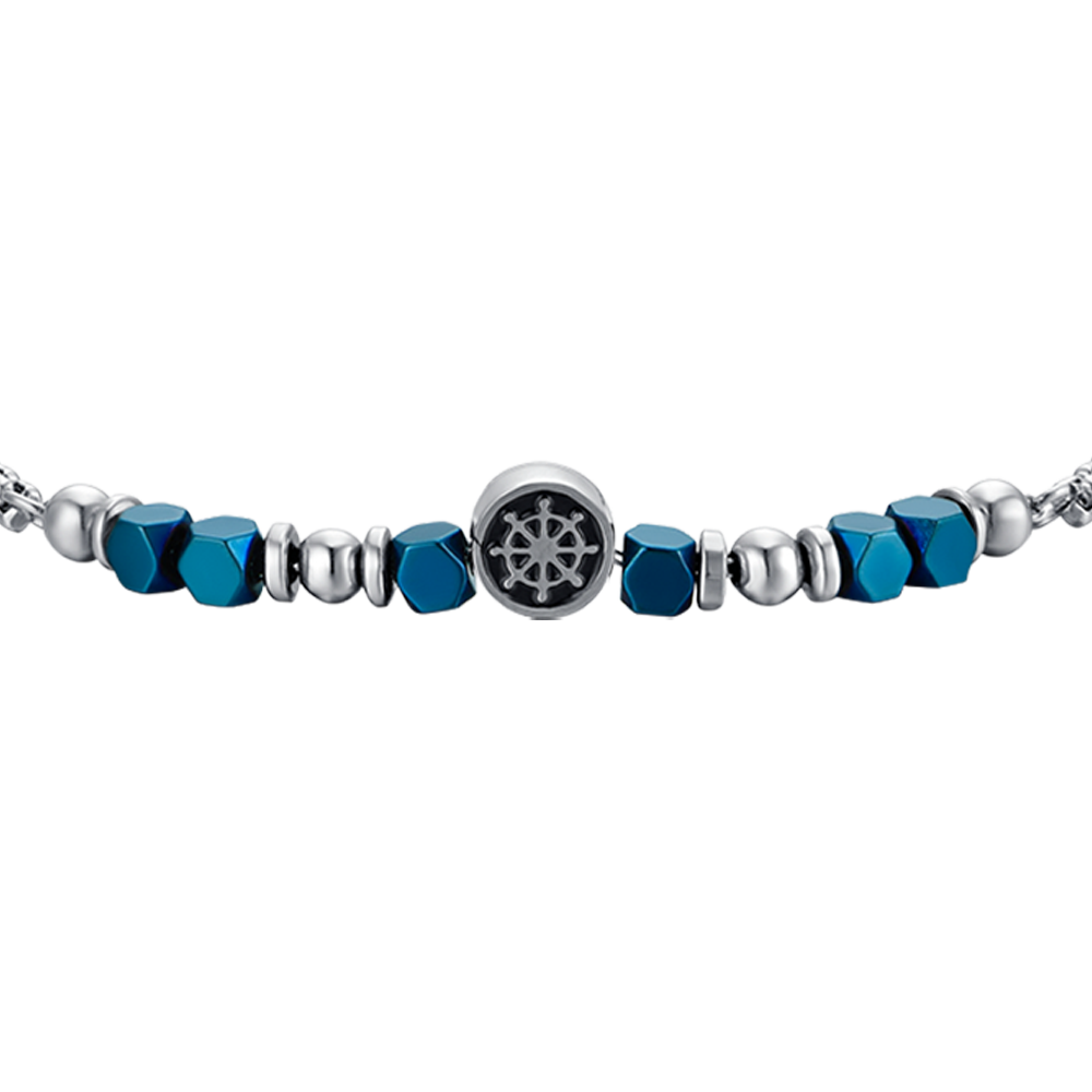 PULSERA DE ACERO PARA BEBÉ CON HEMATITES AZUL Y TIMÓN