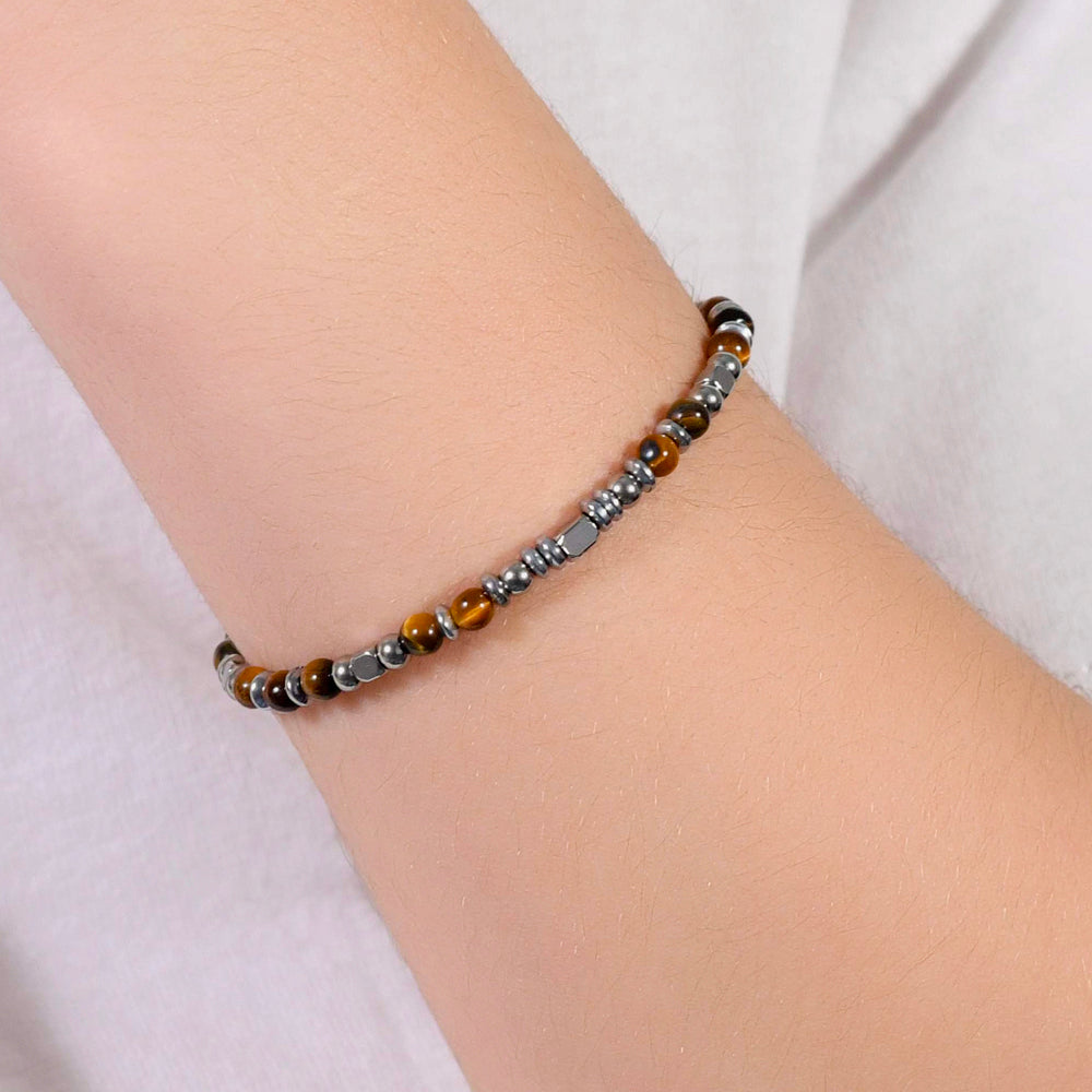 PULSERA DE ACERO PARA BEBÉ CON OJO DE TIGRE Y PIEDRAS GRISES
