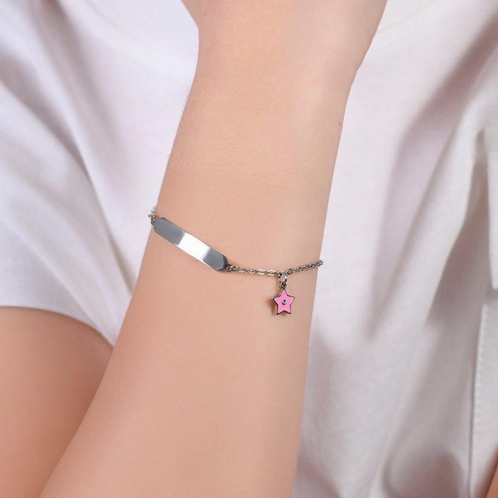 PULSERA NIÑA ACERO ESMALTADO ROSA Y CHAPA
