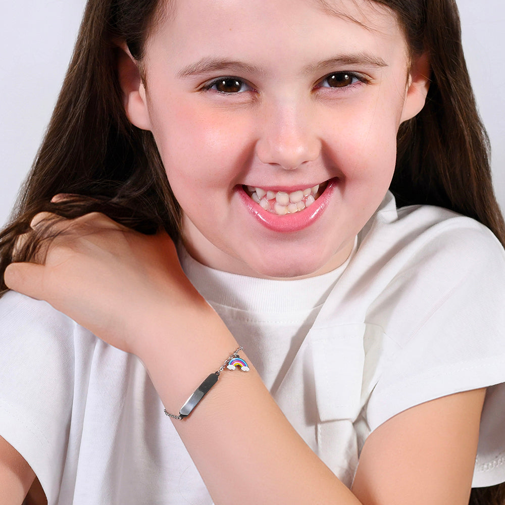 PULSERA DE ACERO NIÑA CON ARCO IRIS Y PLACA
