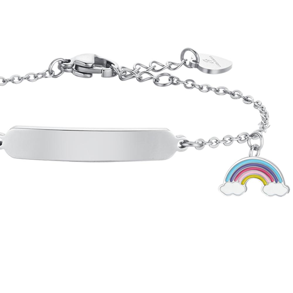 PULSERA DE ACERO NIÑA CON ARCO IRIS Y PLACA